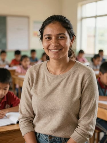 A warm candid portrait of a female local leader smiling proudly in a sunlit community classroom, soft focus background of children learning, natural light.