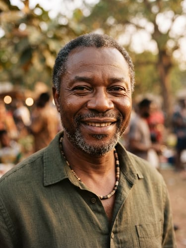 A close-up portrait of a local community leader smiling warmly in an outdoor setting, natural golden-hour light, rich organic earth tones, shallow depth of field