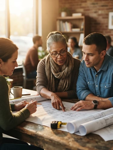 A close-up documentary shot of local community leaders reviewing architectural plans around a wooden table, warm golden sunlight streaming through a window, shallow depth of field.