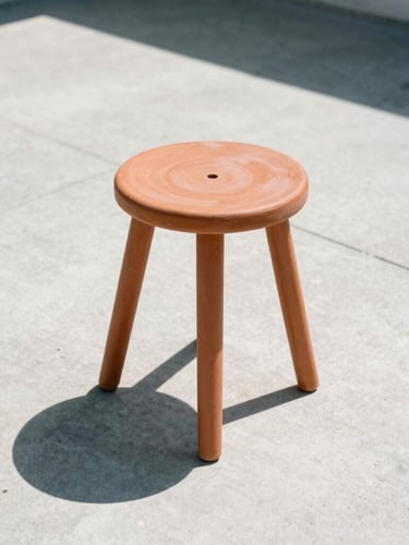 Low-angle architectural crop of a single terracotta resin stool casting a sharp, dramatic shadow on raw concrete under harsh midday sun, crisp minimalist composition, medium format film style.