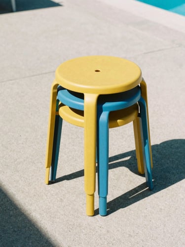 A neat stack of three colored resin stools nested poolside on a raw concrete deck, bright direct sunlight casting sharp geometric shadows, saturated minimalist tones.