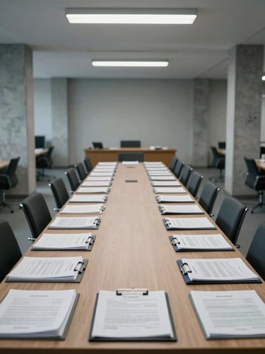 Wide environmental shot of an empty institutional workspace, long conference table under cool overhead lighting, legal documents and binders arranged in precise rows, architectural concrete columns framing the space, muted cool-gray tones, no people