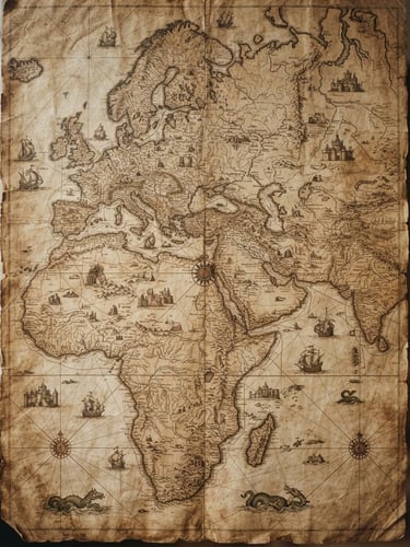 Portrait of an ancient hand-drawn world map on textured parchment, soft library window light, warm sepia tones, 35mm film grain