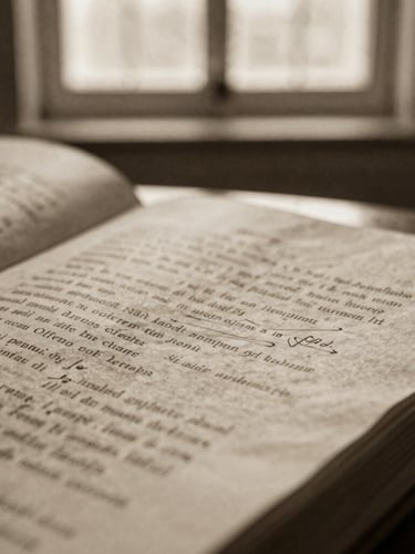 Detalle de un manuscrito antiguo con anotaciones al margen, iluminado por luz difusa de ventana, en tonos sepia, textura de papel táctil.