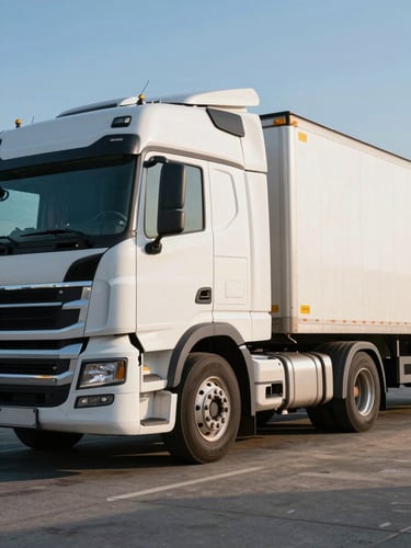 Side-profile of a white semi-trailer truck parked at a freight yard, morning light casting long shadows across the pavement, cab detail sharp, tires and chrome grille visible in foreground
