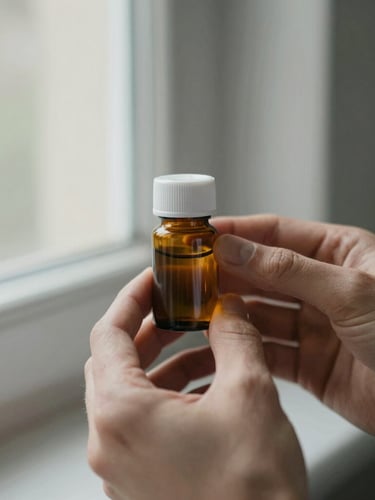 Close-up detail of hands holding a small amber prescription bottle under soft natural window light, muted organic tones, shallow depth of field, 35mm photography