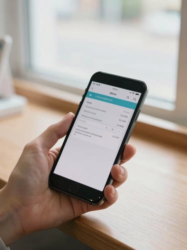 A close-up of a hand holding a smartphone displaying a clean digital prescription voucher at a wooden pharmacy counter, soft natural window light, 35mm
