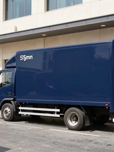 Branded navy blue moving truck parked in front of a modern Ajman commercial building, bright direct UAE sunlight, crisp commercial photography, 35mm