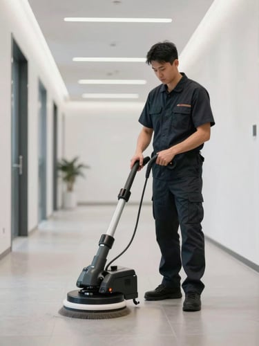 A professional cleaning technician in a clean, dark uniform operating high-end floor polishing equipment in a bright, modern corporate hallway, cool lighting, 35mm.