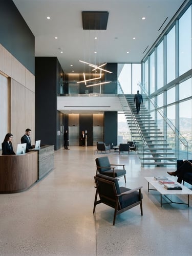 Wide architectural interior of a spotless modern corporate office lobby in Albuquerque, sharp focus, cool morning light, 35mm.