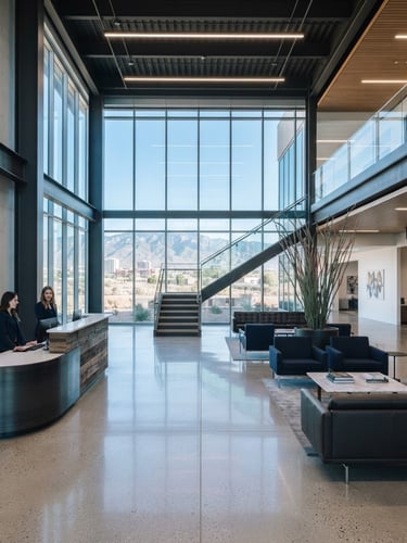 Wide architectural interior of a spotless modern corporate office lobby in Albuquerque, cool crisp window light, polished concrete floors, dark charcoal accents, high-end commercial photography, 35mm