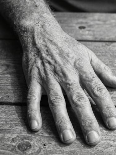 Close-up portrait of a weathered hand resting on a wooden table, natural daylight, sharp textures, black and white editorial style.