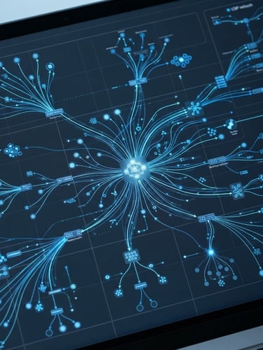 Macro shot of a laptop screen displaying a clean, modern VOIP dashboard interface with network routing diagrams, cool crisp studio lighting, deep slate and electric blue tones, sharp macro focus.