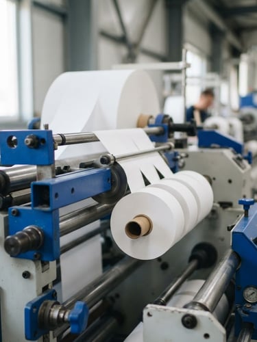 Close-up of clean white thermal rolls on a modern industrial slitting machine, bright natural daylight, sharp focus, professional editorial photography