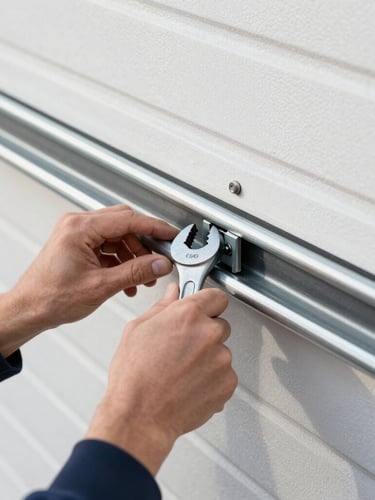 Close-up of a technician's hands adjusting a heavy-duty steel garage door track with a wrench, bright natural daylight, clean industrial steel tones, detailed focus, 35mm lens.