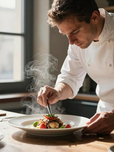 Un chef concentré dressant une assiette à la pince sous la lumière douce d'une fenêtre, vapeur subtile s'élevant du plat.