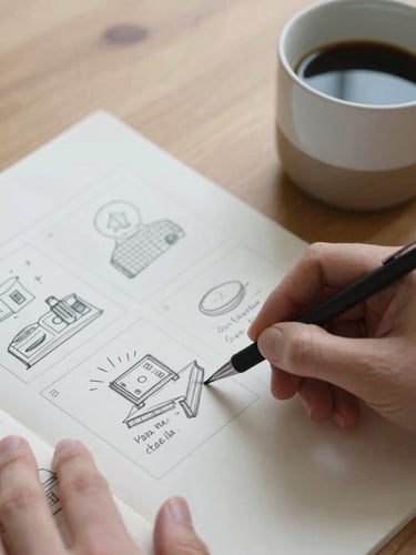 Diffused northern daylight, extreme close-up of hands sketching a storyboard on matte paper next to a ceramic cup of black coffee on a wooden table, minimalist Scandinavian style.