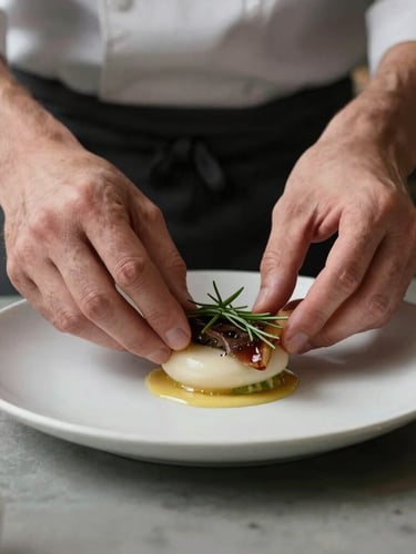 Close-up of a chef's hands carefully plating a minimalist dish in a Scandinavian-designed kitchen, soft diffused side light, matte textures.
