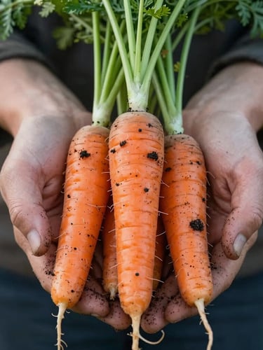 Extreme close-up of dark soil-covered hands gently holding freshly harvested heritage carrots with green tops, diffused northern daylight, Scandinavian style.