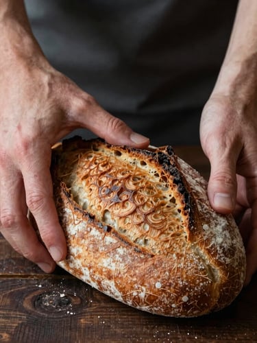 Vue rapprochée en lumière naturelle du nord de mains farinées façonnant délicatement une miche de pain au levain sur un plan de travail en bois sombre.