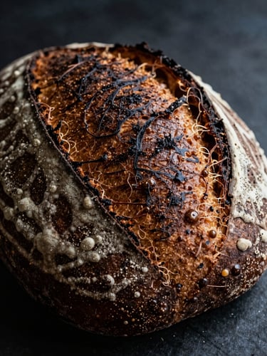 Close-up of bubbling dark sourdough bread crust fresh out of the oven, natural low-contrast light, moody Scandinavian bakery setting.