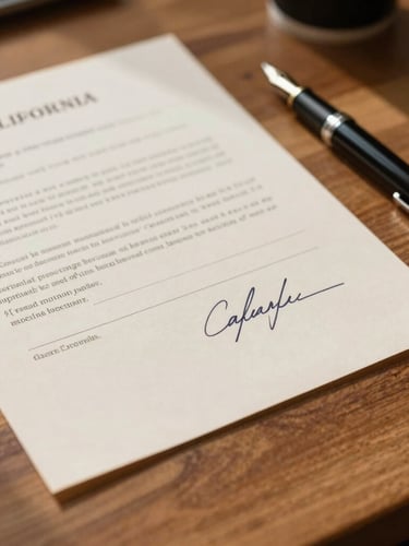 A close-up shot of a signed and stamped California legal document resting on a warm oak desk, a classic fountain pen beside it, soft natural daylight casting long shadows.