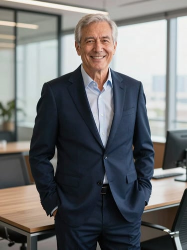 Professional environmental portrait of a senior financial mentor in a tailored navy suit, bright daylight modern office, smiling confidently, 35mm photography