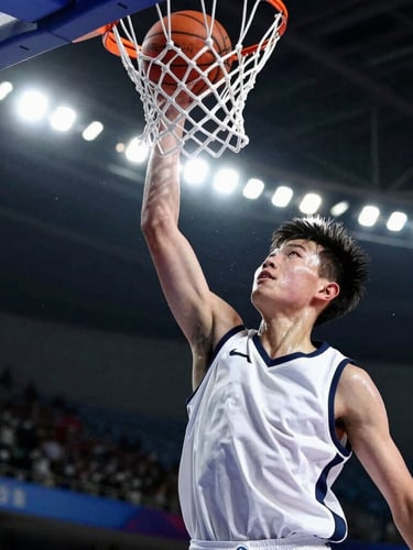 Tight action crop of a young basketball player, age 14, sweat glistening, eyes locked on the hoop mid-air under dramatic stadium side-lighting, high-contrast athletic tones, 35mm lens