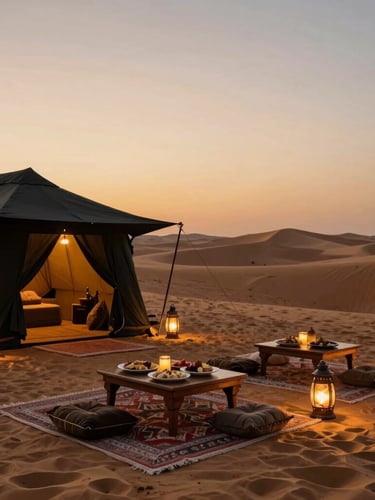 Luxury desert camp setup at twilight, private canopy with glowing lanterns, premium carpets, gourmet food on low tables, luxury editorial travel photography