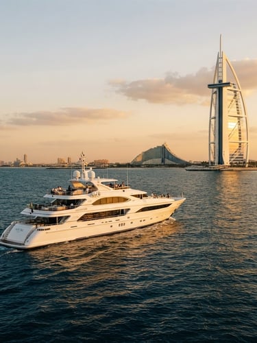 A luxury white yacht sailing on deep blue Dubai sea, background showing the iconic Burj Al Arab during golden hour, high-end editorial travel photography, 35mm cinematic lens