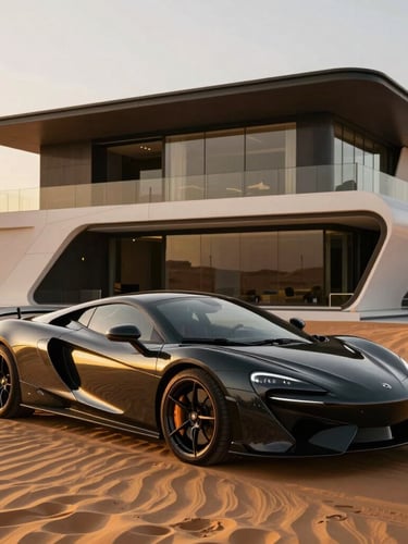 A luxury sports car parked in front of a modern futuristic Dubai villa, sleek lines, golden hour desert sun reflecting on the obsidian metallic surface