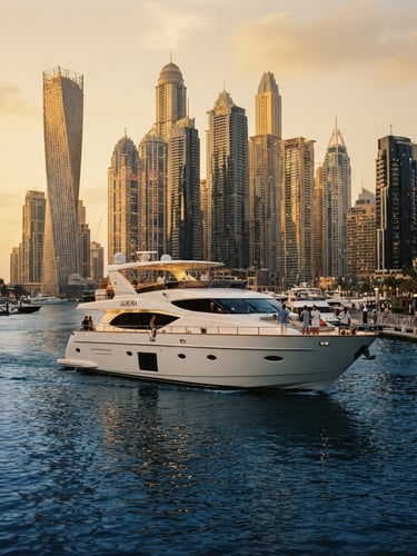 Cinematic 35mm photograph of a sleek white luxury yacht cruising through Dubai Marina at golden hour, deep blue water, towering modern skyscrapers in the background, warm gold sunlight.