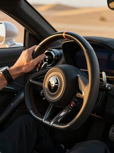Close-up of luxury sports car steering wheel and carbon fiber dashboard, driver holding the wheel with elegant watch, high-contrast daylight, editorial crop
