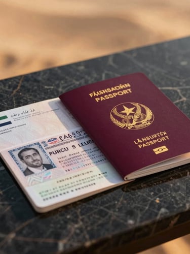 Crisp professional close-up of a Turkish passport and UAE visa document resting on a dark marble desk, soft golden hour side lighting
