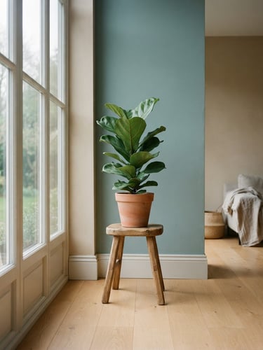 A serene, minimalist room with soft overcast daylight filtering through a window, a single green plant on a wooden stool, 35mm photography
