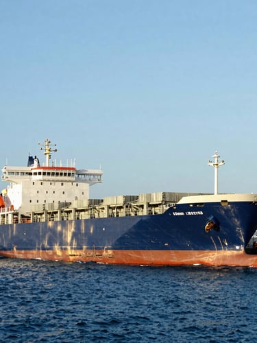Crisp commercial photography of a modern cargo ship docked at the Port of Libreville, bright natural daylight, deep blue ocean, golden sun rays, sharp focus, 35mm