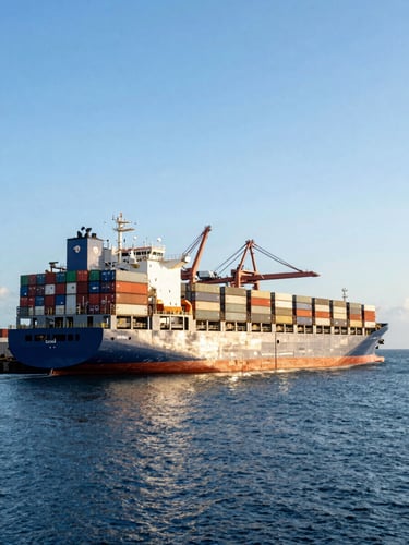 Crisp commercial photography of a large container ship docking at the Port of Libreville, deep blue water, golden sunlight reflecting on the cargo cranes, wide angle