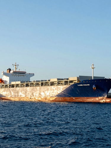 Wide-angle crisp commercial photography of a large cargo ship docked at the Port of Libreville, bright natural daylight, deep blue ocean, golden sunlight accents, sharp 35mm focus.
