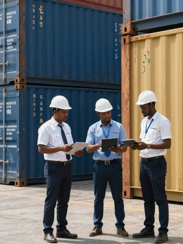 Medium shot of professional Gabonese logistics managers inspecting cargo containers in an organized warehouse environment, bright daylight, sharp focus.