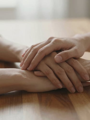 A close-up of two hands gently resting near each other on a warm wooden surface, soft morning light, shallow depth of field, serene and calm atmosphere.