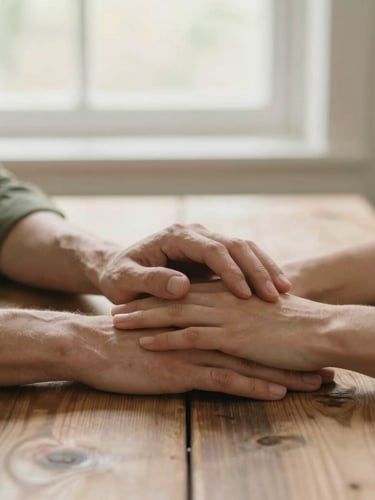 A warm, comforting editorial photograph of two hands gently resting near each other on a rustic wooden table, soft morning light filtering through a window, shallow depth of field, serene olive green and sand tones, professional and comforting mood.