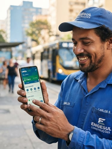Retrato de um trabalhador brasileiro sorrindo e olhando para a tela de um smartphone, que exibe o aplicativo do FGTS. Foco no rosto, nas mãos segurando o celular e na expressão de alívio e segurança. Iluminação natural e clara, tons de azul e dourado. O trabalhador está no terço direito da imagem.