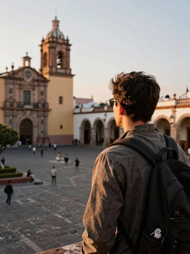 Warm golden-hour light shining on a traveler looking out over a historic Mexican courtyard, soft editorial travel photography, 35mm film style.