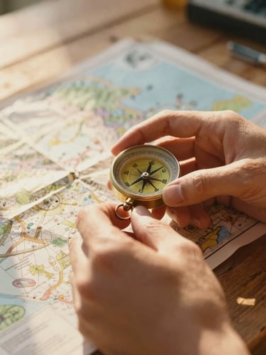 Close-up of hands holding a vintage compass over an open physical map on a wooden table, warm golden-hour sunlight streaming from the side, 35mm film