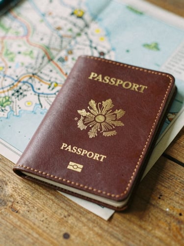 Close-up of a vintage leather passport holder and a hand-drawn map on a rustic wooden table, soft warm light, 35mm film