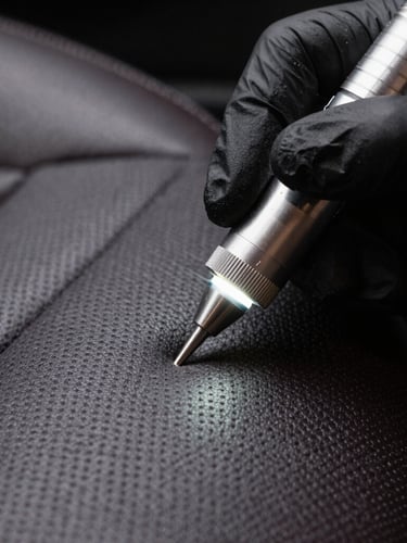 Extreme macro close-up shot of a detailing specialist's hand in a black nitrile glove using a precise LED penlight to inspect the clean pores of a dark leather car seat.