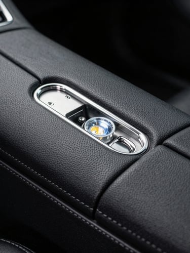 Macro shot of a luxury vehicle interior, focused LED light highlighting the perfect texture of clean black leather pores, dust-free dashboard seams, high-contrast directional lighting, technical precision
