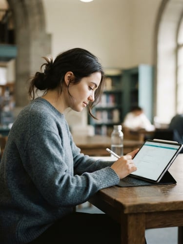 A student testing calmly on a tablet in a sunlit library, 35mm minimalist editorial photography, shallow depth of field, slate and teal tones
