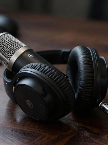 A macro close-up of a high-end podcast microphone and studio headphones resting on a dark oak desk, moody side-lighting, shallow depth of field.