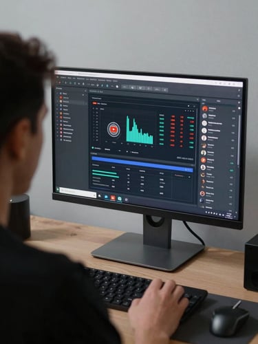 Over-the-shoulder shot of a creator analyzing a YouTube performance dashboard on a sleek monitor, cool-toned studio lighting, clean tech setup, sharp focus on screen metrics.